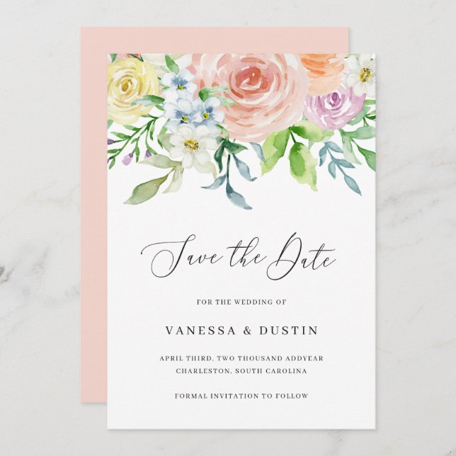 Modern Peach Floral Non Photo Elegant Wedding Save The Date (Front/Back)