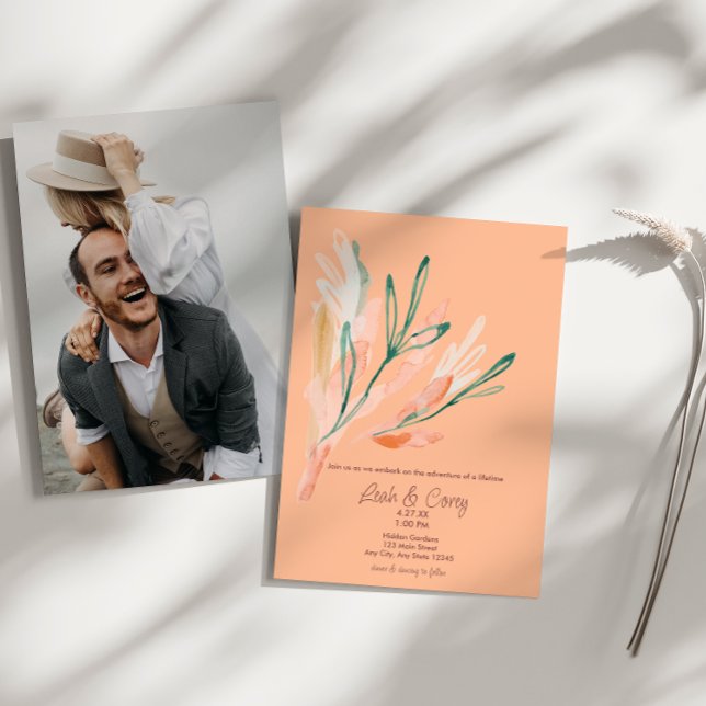 Modern Peach Floral Photo Wedding Invitation (Creator Uploaded)