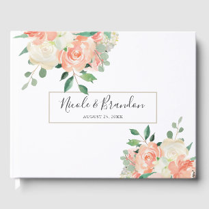 Modern Peach Floral Watercolor Wedding Guest Book