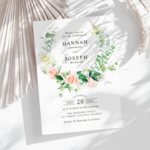 modern peach floral wreath wedding invitation