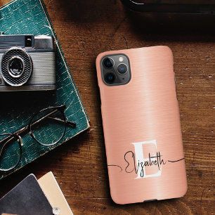 Modern Peach Fuzz Brushed Metallic Monogram Script iPhone 16 Case