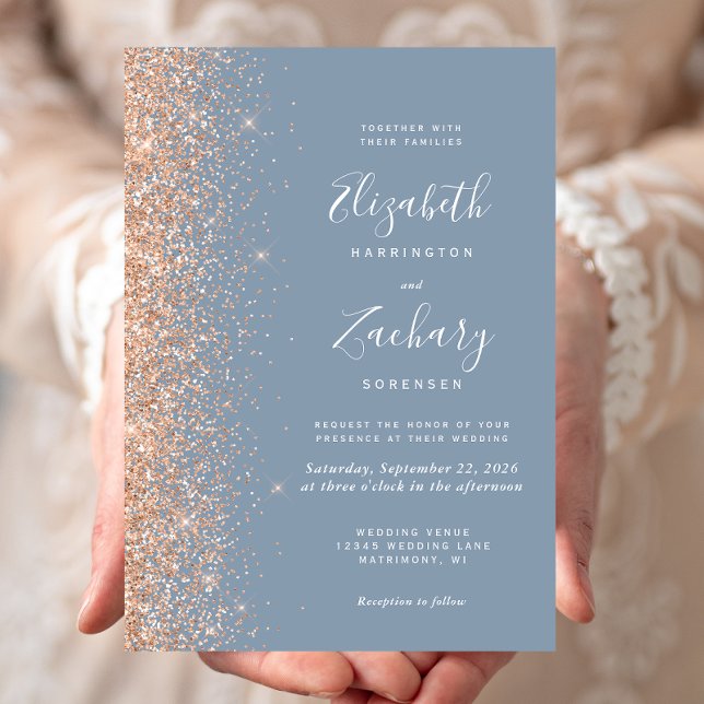Modern Peach Glitter Edge Dusty Blue Wedding Invitation (Creator Uploaded)