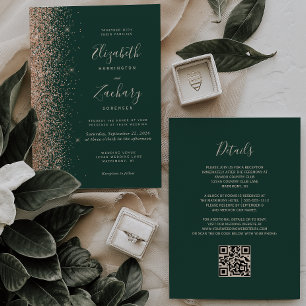 Modern Peach Glitter Emerald Green QR Code Wedding Invitation