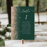 Modern Peach Glitter Emerald Green Wedding Table Number<br><div class="desc">The left-hand edge of this elegant modern wedding table number card features a peach faux glitter border. The word "table" appears in pale peach whimsical handwriting script on a dark emerald green background. Add the names of your guests who are assigned to each table.</div>