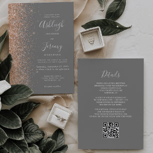 Modern Peach Glitter Gray QR Code Wedding Invitation
