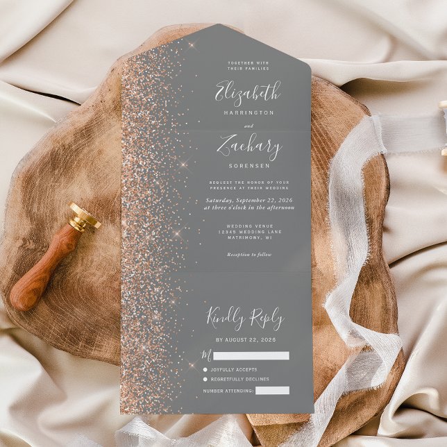 Modern Peach Glitter Grey Wedding All In One Invitation (Creator Uploaded)
