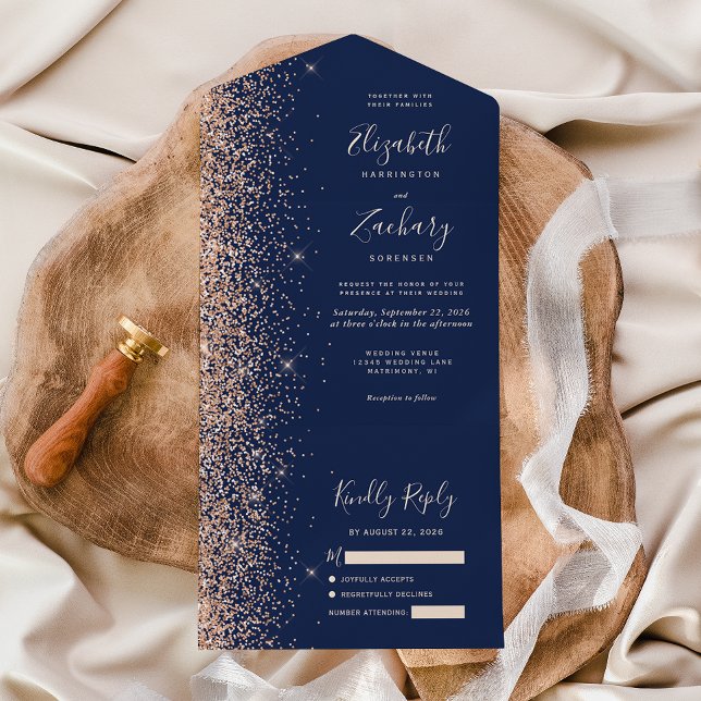 Modern Peach Glitter Navy Blue Wedding All In One Invitation (Creator Uploaded)