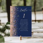 Modern Peach Glitter Navy Blue Wedding Table Number<br><div class="desc">The left-hand edge of this elegant modern wedding table number card features a peach faux glitter border. The word "table" appears in pale peach whimsical handwriting script on a navy blue background. Add the names of your guests who are assigned to each table.</div>