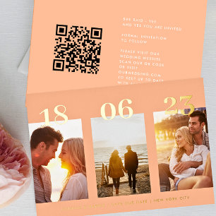 Modern Peach GOLD DATE Three Photo Save The Date