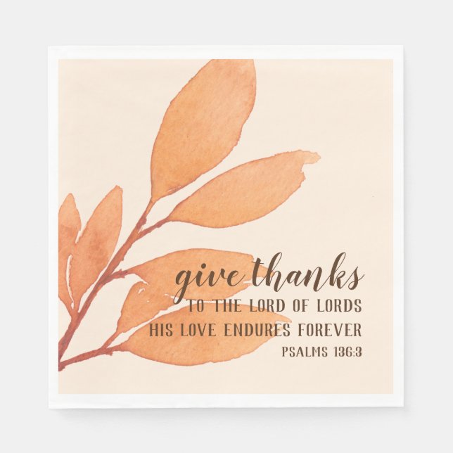 Modern Peach Gold Watercolor Give Thanks Scripture Napkin (Front)