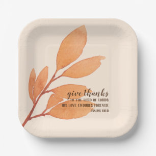 Modern Peach Gold Watercolor Give Thanks Scripture Paper Plate
