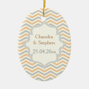 Modern peach, grey, ivory chevron pattern custom ceramic ornament