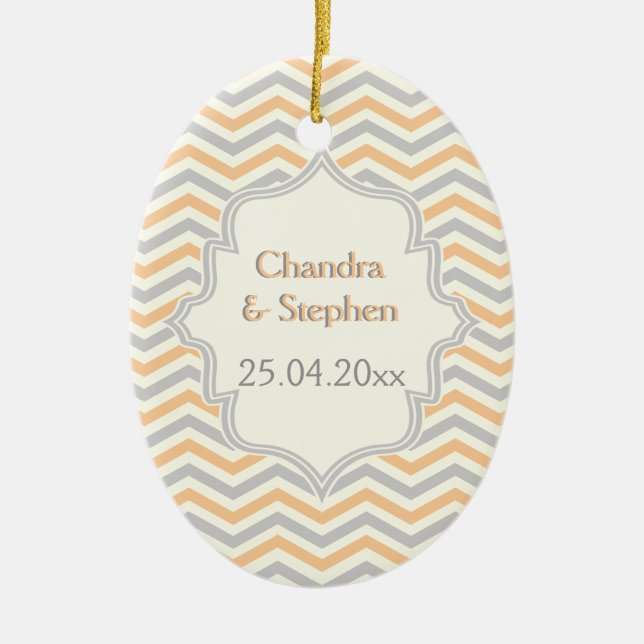 Modern peach, grey, ivory chevron pattern custom ceramic ornament (Front)