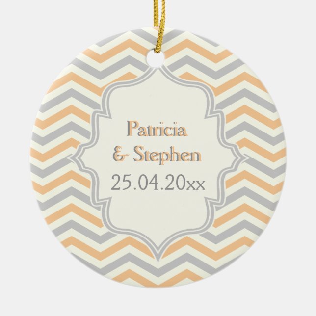 Modern peach, grey, ivory chevron pattern custom ceramic tree decoration (Front)