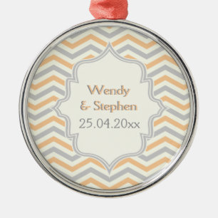 Modern peach, grey, ivory chevron pattern custom metal ornament