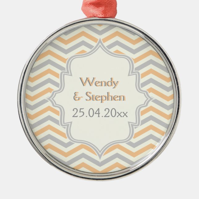 Modern peach, grey, ivory chevron pattern custom metal ornament (Front)