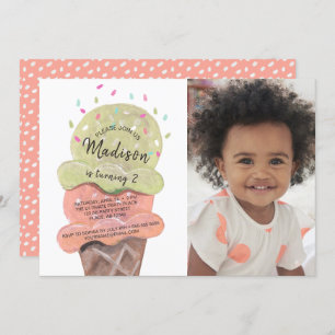 Modern Peach Ice Cream   Birthday Party   Photo Invitation