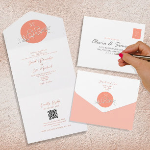 Modern Peach Lovebirds Monogram Wedding All In One Invitation