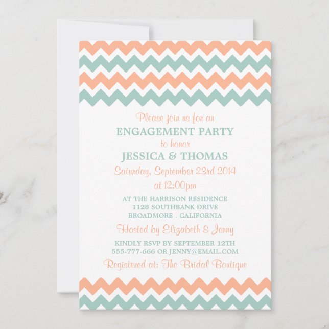 Modern Peach & Mint Chevron Engagement Party Invitation (Front)