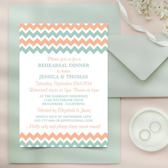 Modern Peach & Mint Chevron Rehearsal Dinner Invitation (Creator Uploaded)