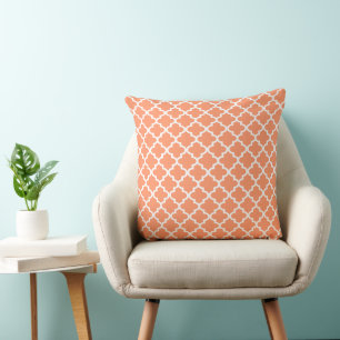 Modern Peach Orange Moroccan Quatrefoil Pattern Cushion