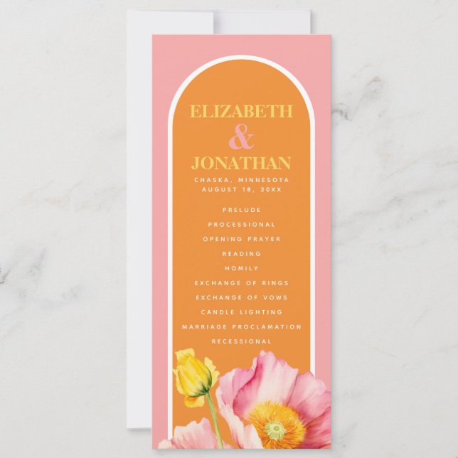Modern Peach Pink Orange Poppies Wedding Program (Front)