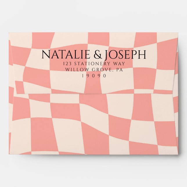 Modern Peach Pink Retro Groovy 70s Unique Wedding Envelope (Back (Top Flap))