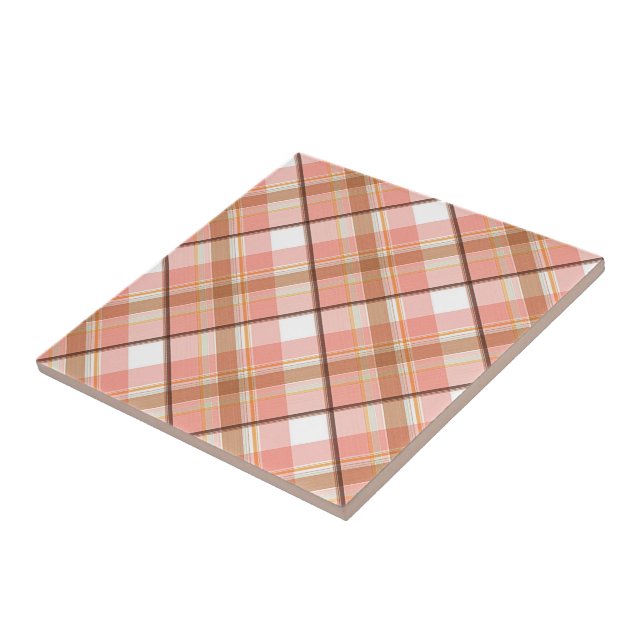 Modern Peach Red Orange White Brown Plaid Pattern Ceramic Tile (Side)