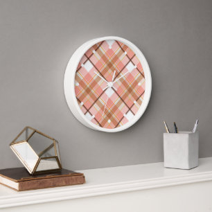 Modern Peach Red Orange White Brown Plaid Pattern Clock