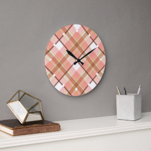 Modern Peach Red Orange White Brown Plaid Pattern Large Clock