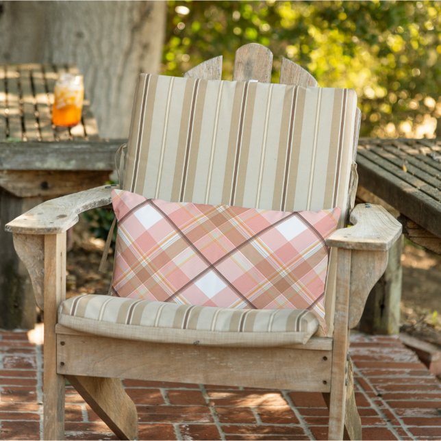 Modern Peach Red Orange White Brown Plaid Pattern Lumbar Cushion (Chair)