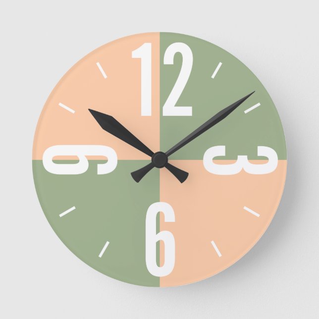 Modern peach sage green colour blocks large number round clock (Front)