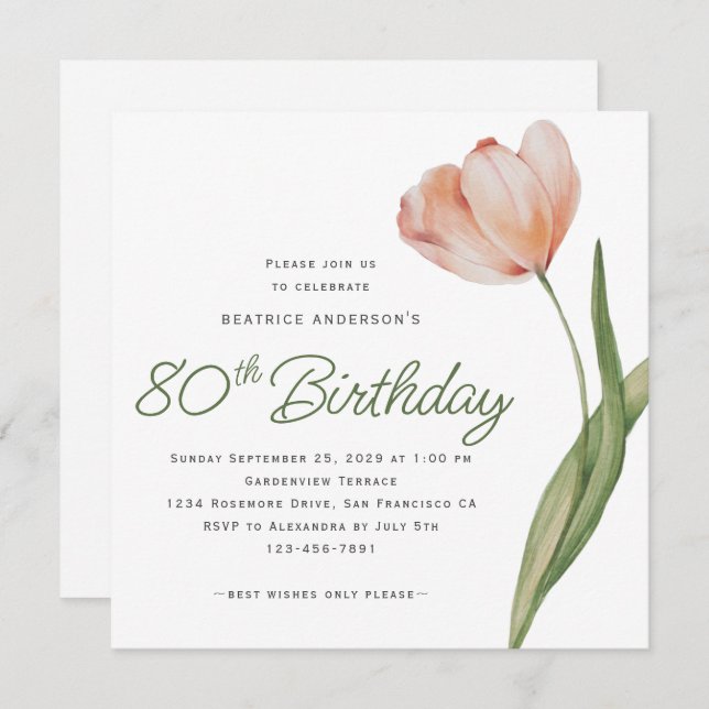 Modern Peach Watercolor Floral 80th Birthday Party Invitation (Front/Back)