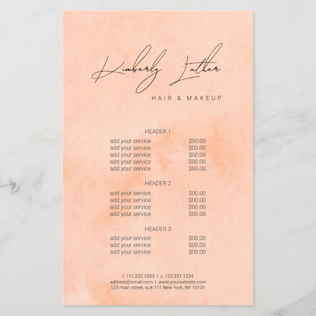Modern peach watercolor makeup & hair flyer (Front)