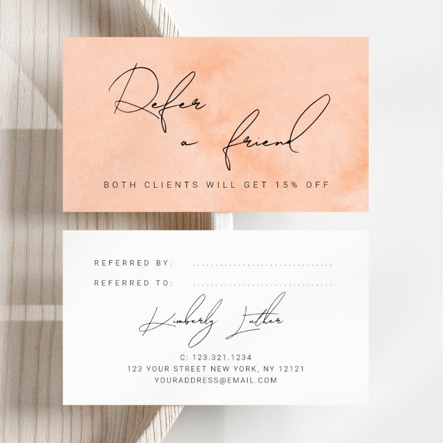 Modern peach watercolor makeup & hair referral card (Creator Uploaded)