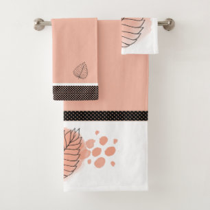Modern Peach, White and Black Polka Dots and Leaf Bath Towel Set
