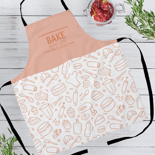 Modern Peach White  Baking Tools Line Pattern Apron (Creator Uploaded)