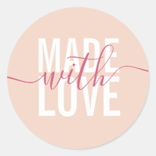 Modern peach white script made with love packaging classic round sticker
