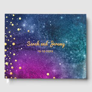 Modern Peacock Blue Gold Watercolor Wedding Guest Book