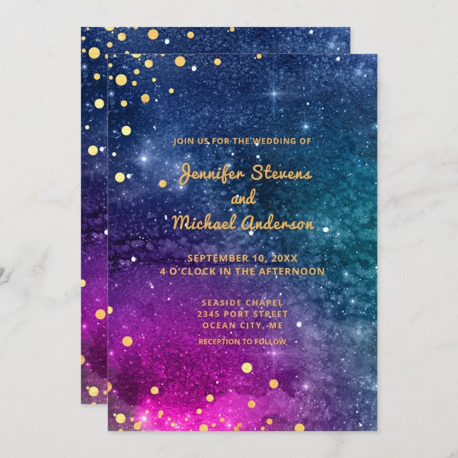 Modern Peacock Blue Gold Watercolor Wedding Invitation (Front/Back)