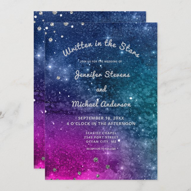 Modern Peacock Blue Silver Watercolor Wedding Invitation (Front/Back)