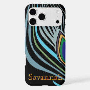 Modern Peacock Feather Black Turquoise Your Name