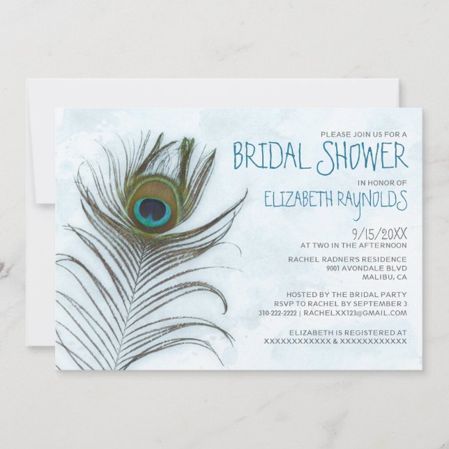 Modern Peacock Feather Bridal Shower Invitations (Front)
