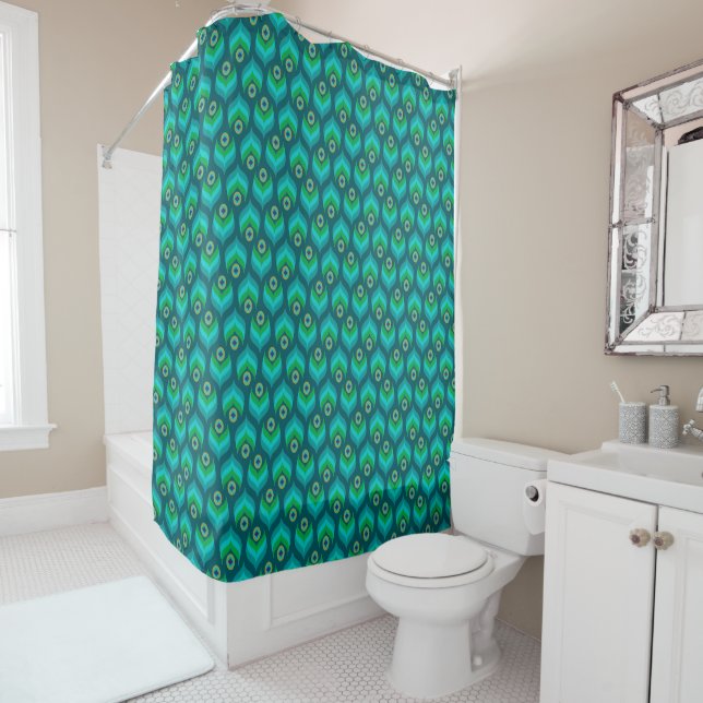 Modern Peacock Feather Design Shower Curtain (In Situ)