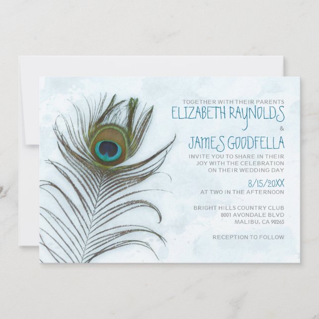 Modern Peacock Feather Wedding Invitations (Front)
