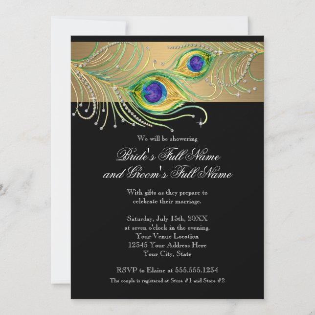 Modern Peacock Feathers Faux Jewel Scroll Swirl Invitation (Front)