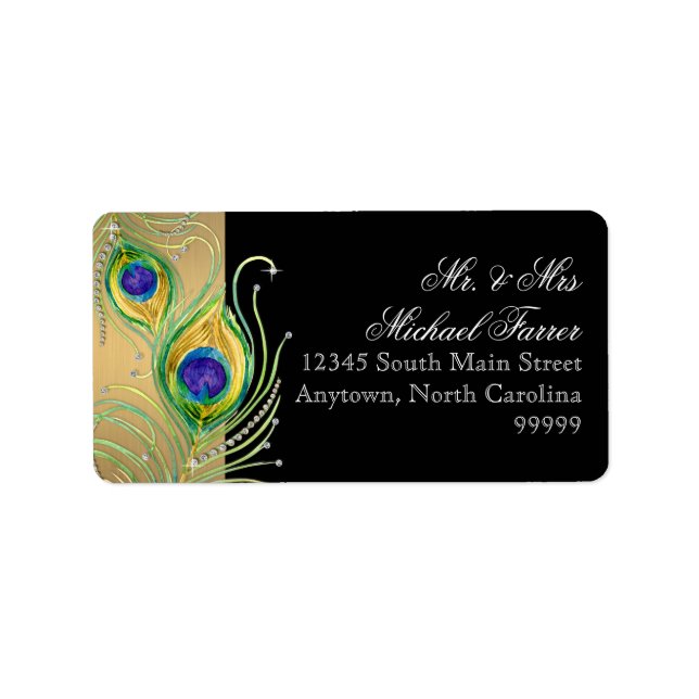 Modern Peacock Feathers Faux Jewel Scroll Swirl Label (Front)