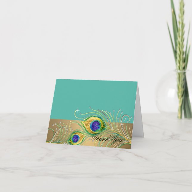 Modern Peacock Feathers Faux Jewel Scroll Swirl Thank You Card (Front)
