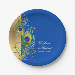 Modern Peacock Feathers Faux Jewel Scroll Weddings Paper Plate