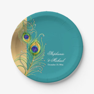 Modern Peacock Feathers Faux Jewel Scroll Weddings Paper Plate
